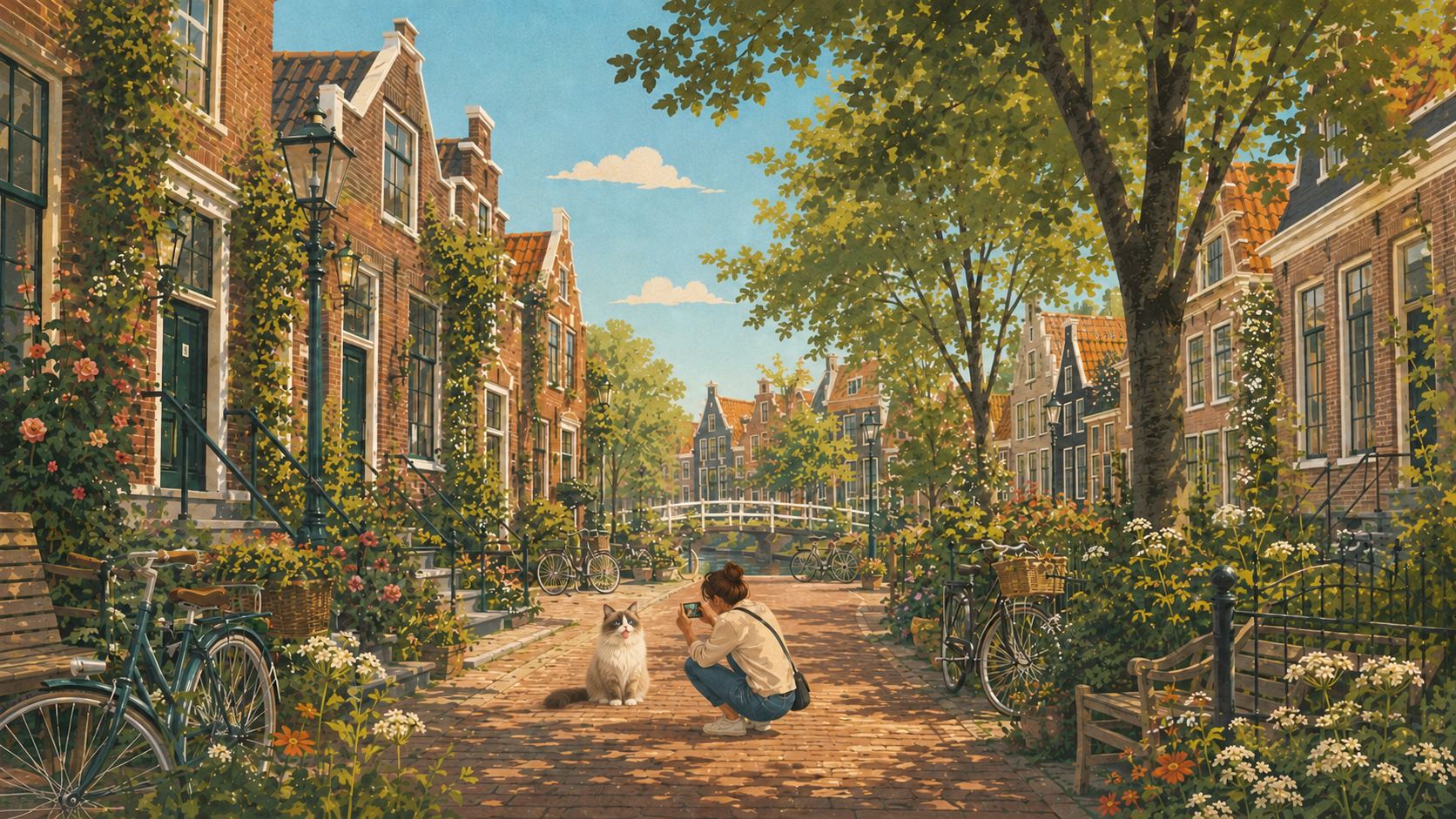 A woman photographs a cat with her phone on a sunny street by a canal
